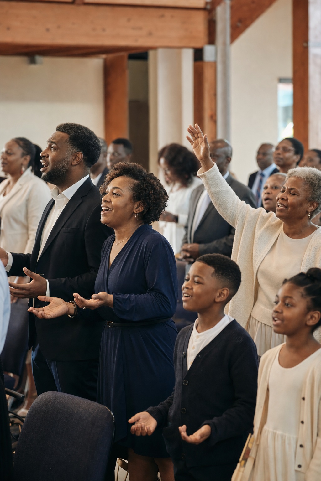 A multigenerational church family worshipping together